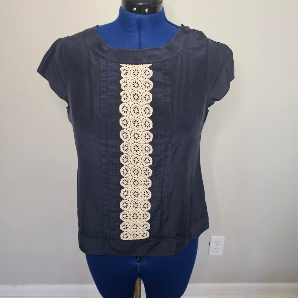 Banana Republic Silk Blend Blouse Petite L Navy Crochet Panel Top